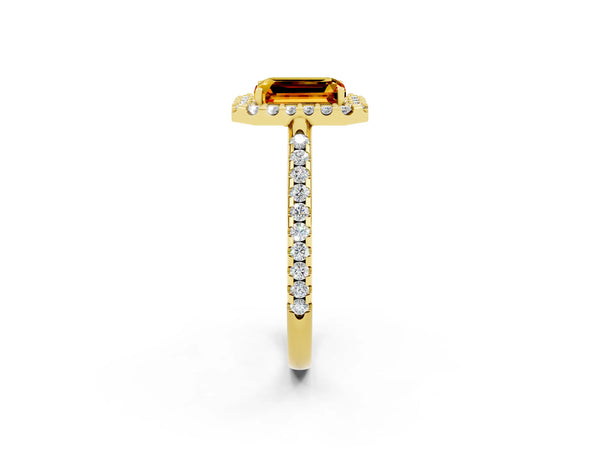 Yellow gold Emerald Cut Citrine Pavé Halo Ring with Four-Prong Setting