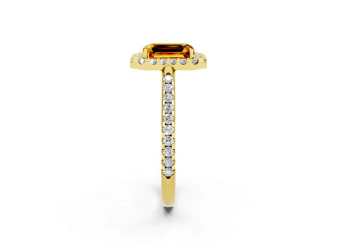 Yellow gold Emerald Cut Citrine Pavé Halo Ring with Four-Prong Setting_14