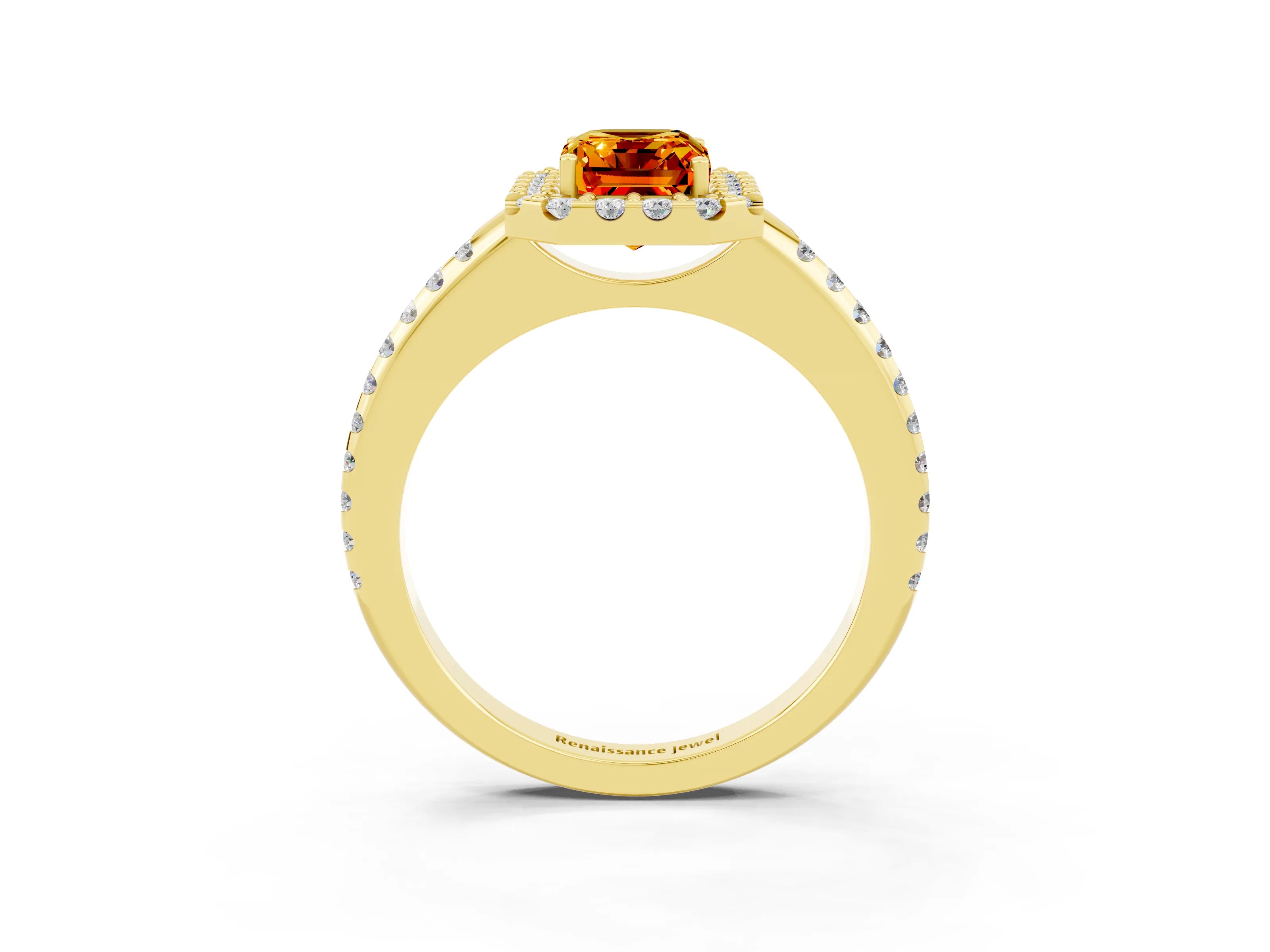 Yellow gold Emerald Cut Citrine Pavé Halo Ring with Four-Prong Setting_15