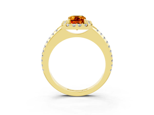 Yellow gold Emerald Cut Citrine Pavé Halo Ring with Four-Prong Setting