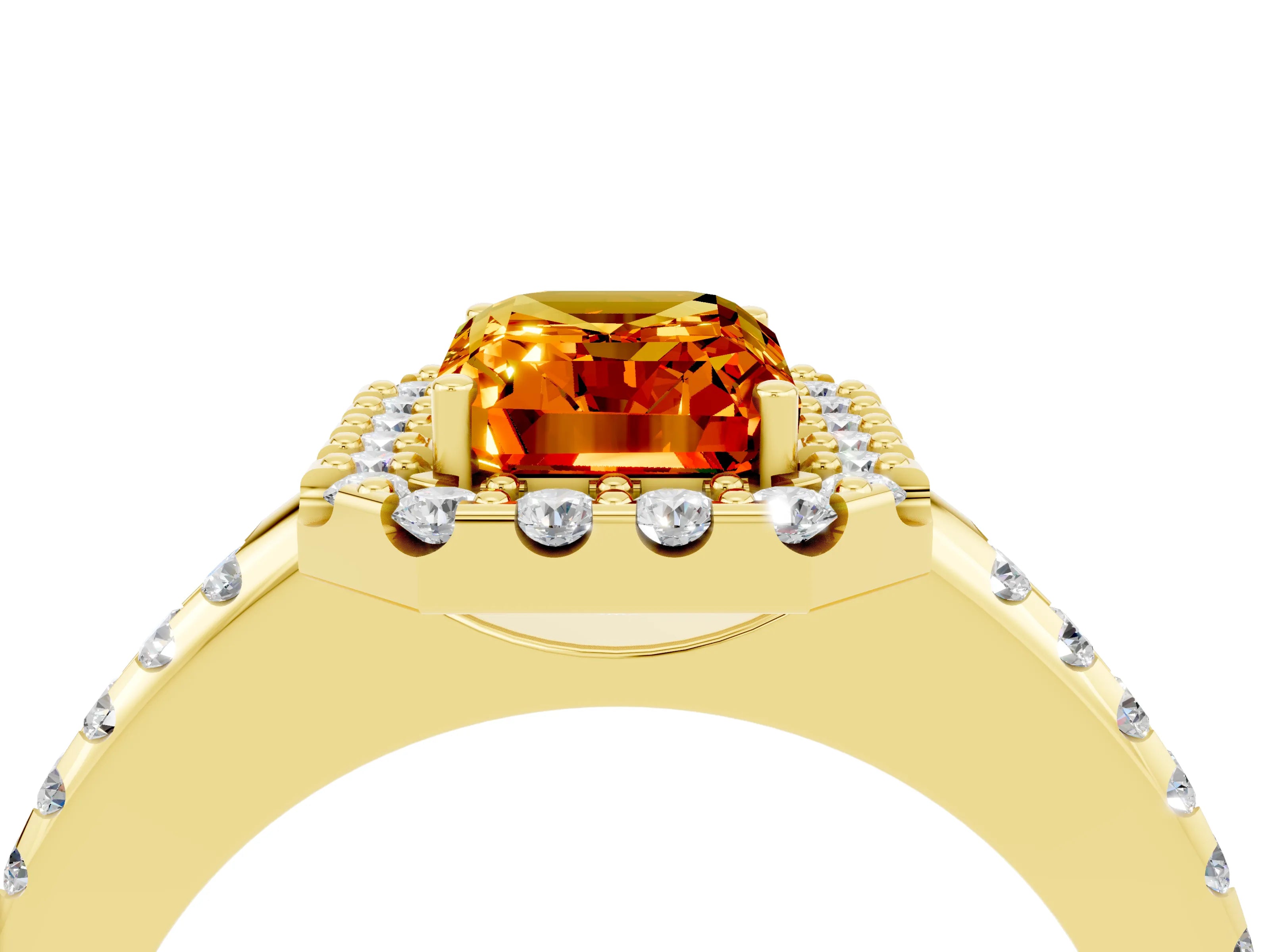 Yellow gold Emerald Cut Citrine Pavé Halo Ring with Four-Prong Setting_16