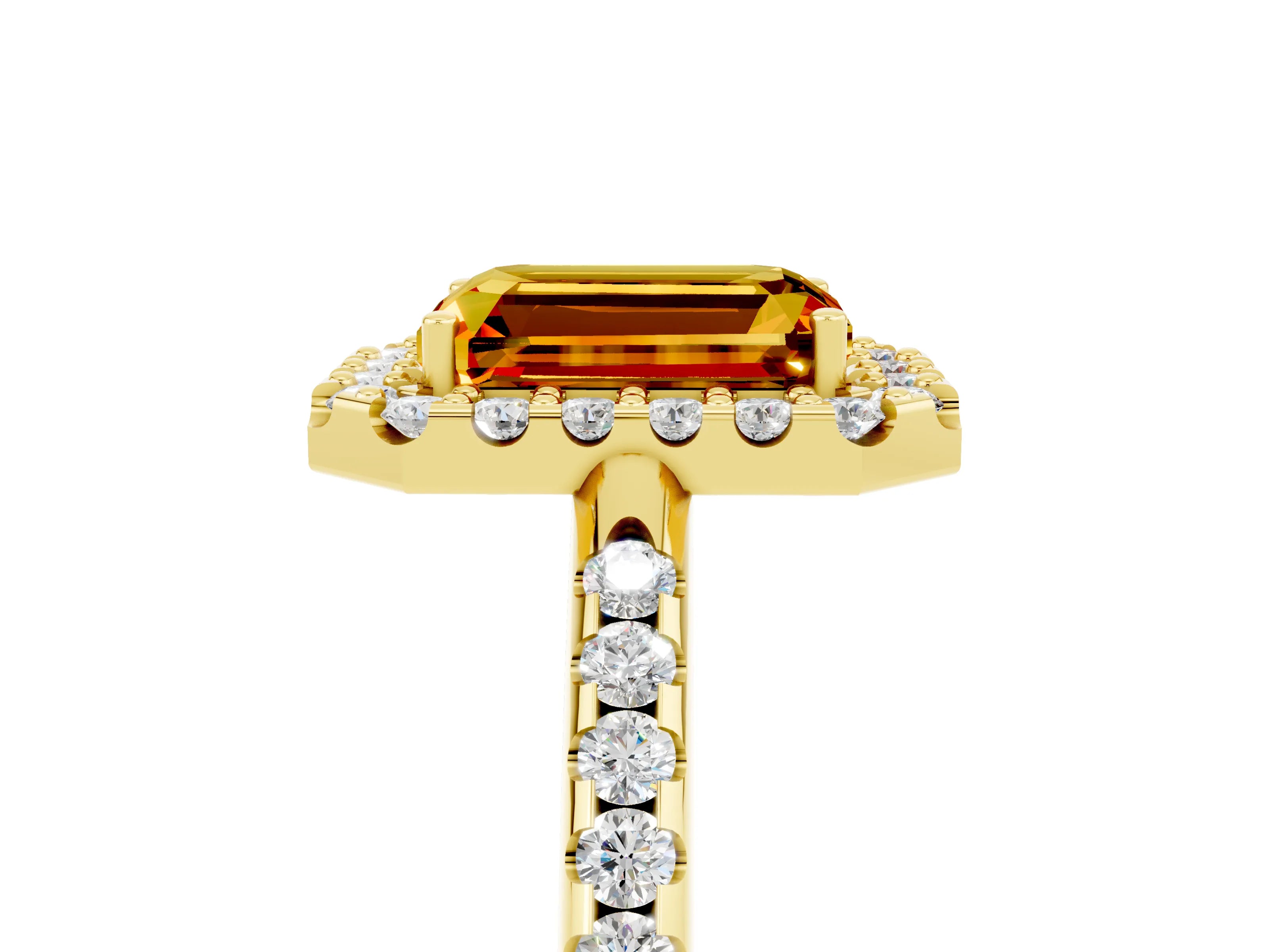 Yellow gold Emerald Cut Citrine Pavé Halo Ring with Four-Prong Setting_17