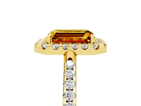 Yellow gold Emerald Cut Citrine Pavé Halo Ring with Four-Prong Setting_17