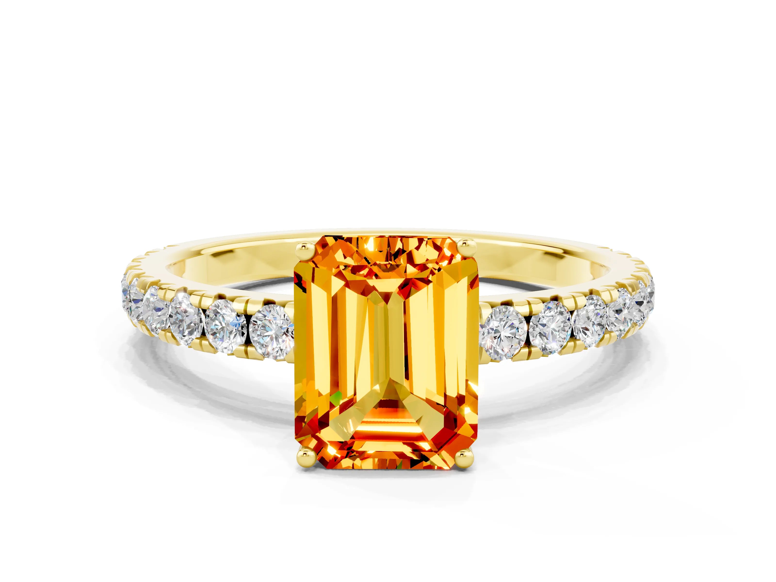 Yellow gold Emerald Cut Citrine Pavé Solitaire Engagement Ring with Four-Prong Setting_12