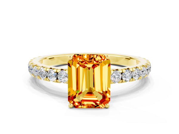 Yellow gold Emerald Cut Citrine Pavé Solitaire Engagement Ring with Four-Prong Setting