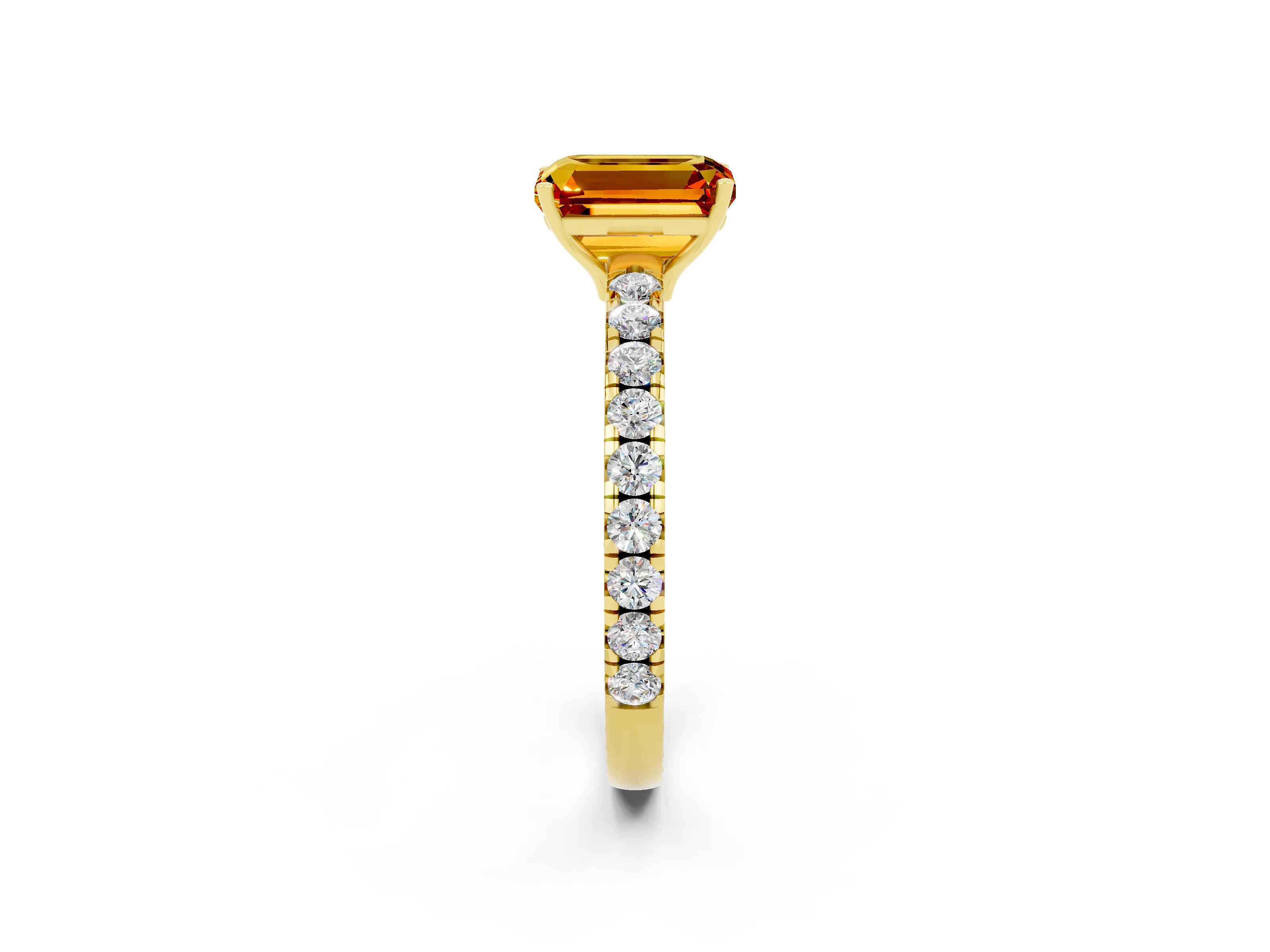 Yellow gold Emerald Cut Citrine Pavé Solitaire Engagement Ring with Four-Prong Setting_14