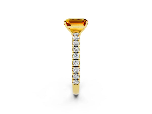 Yellow gold Emerald Cut Citrine Pavé Solitaire Engagement Ring with Four-Prong Setting