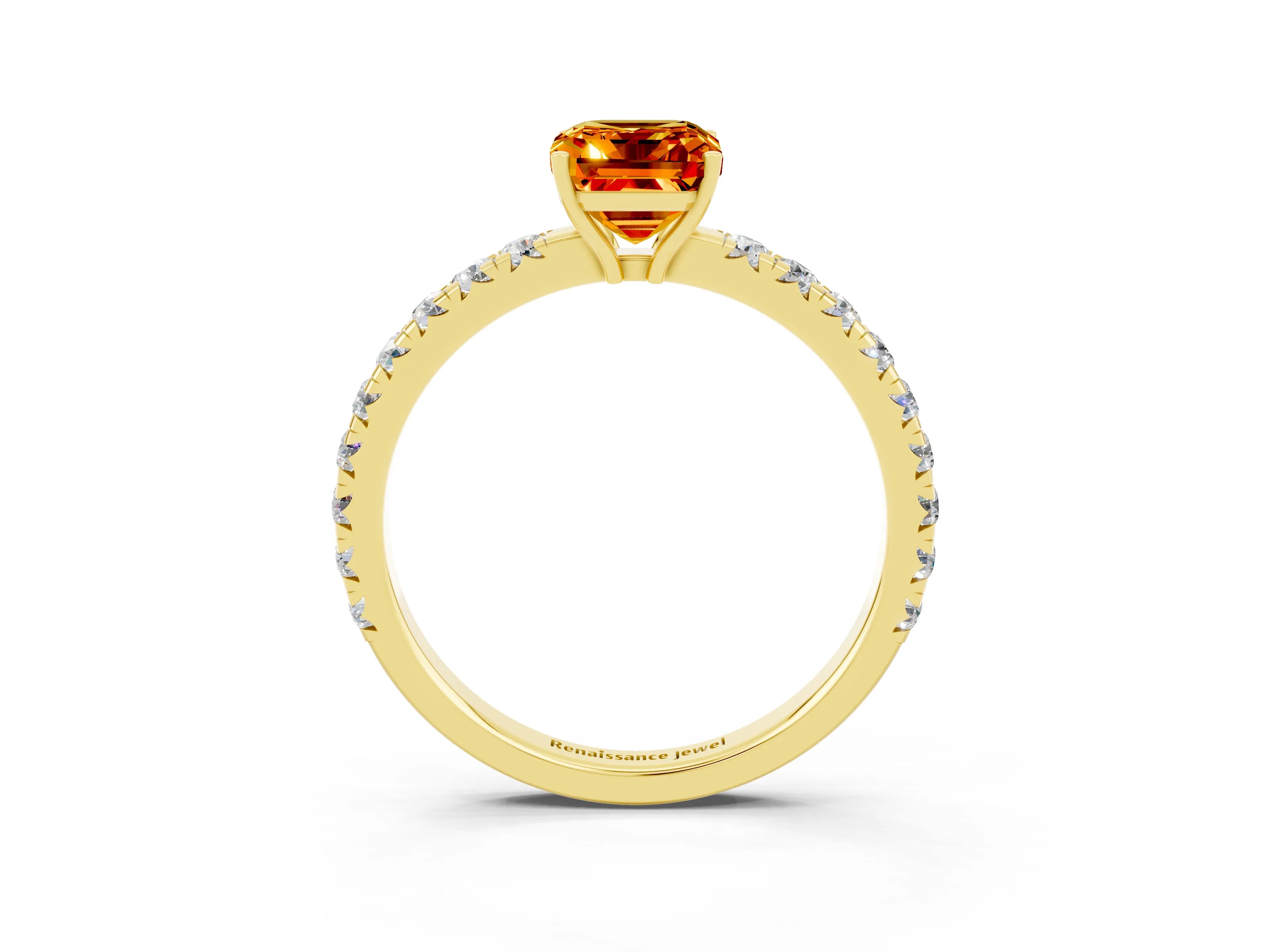 Yellow gold Emerald Cut Citrine Pavé Solitaire Engagement Ring with Four-Prong Setting_15