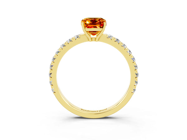 Yellow gold Emerald Cut Citrine Pavé Solitaire Engagement Ring with Four-Prong Setting