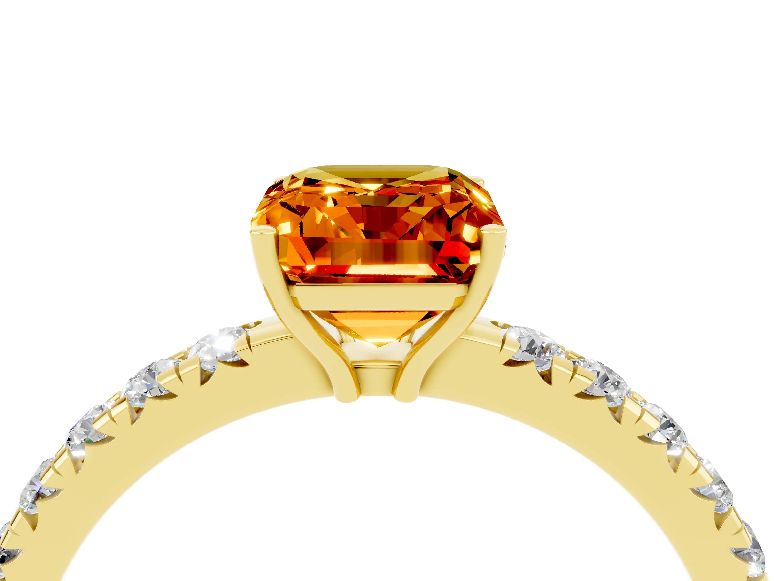 Yellow gold Emerald Cut Citrine Pavé Solitaire Engagement Ring with Four-Prong Setting_16