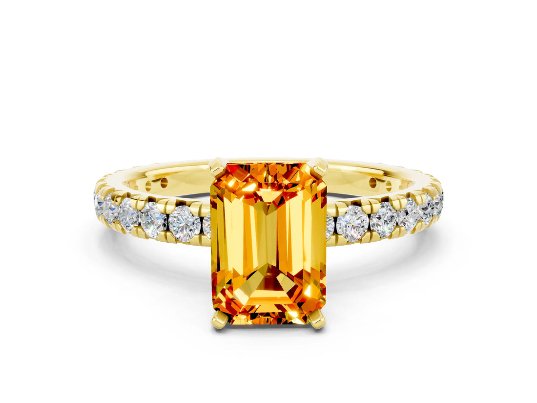 Yellow gold Emerald Cut Citrine Pavé Solitaire Ring with Round Band and Prong Setting_12