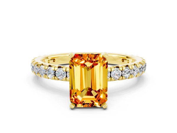 Yellow gold Emerald Cut Citrine Pavé Solitaire Ring with Round Band and Prong Setting