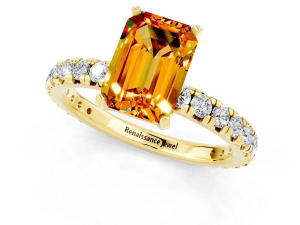 Yellow gold Emerald Cut Citrine Pavé Solitaire Ring with Round Band and Prong Setting