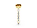 Yellow gold Emerald Cut Citrine Pavé Solitaire Ring with Round Band and Prong Setting_14