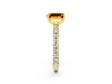 Yellow gold Emerald Cut Citrine Pavé Solitaire Ring with Round Band and Prong Setting_26