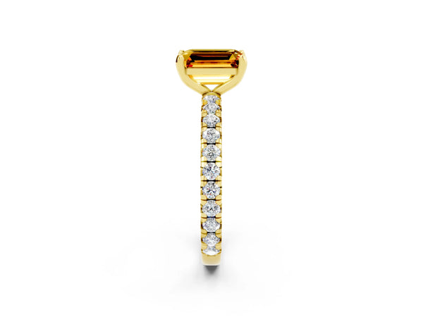 Yellow gold Emerald Cut Citrine Pavé Solitaire Ring with Round Band and Prong Setting
