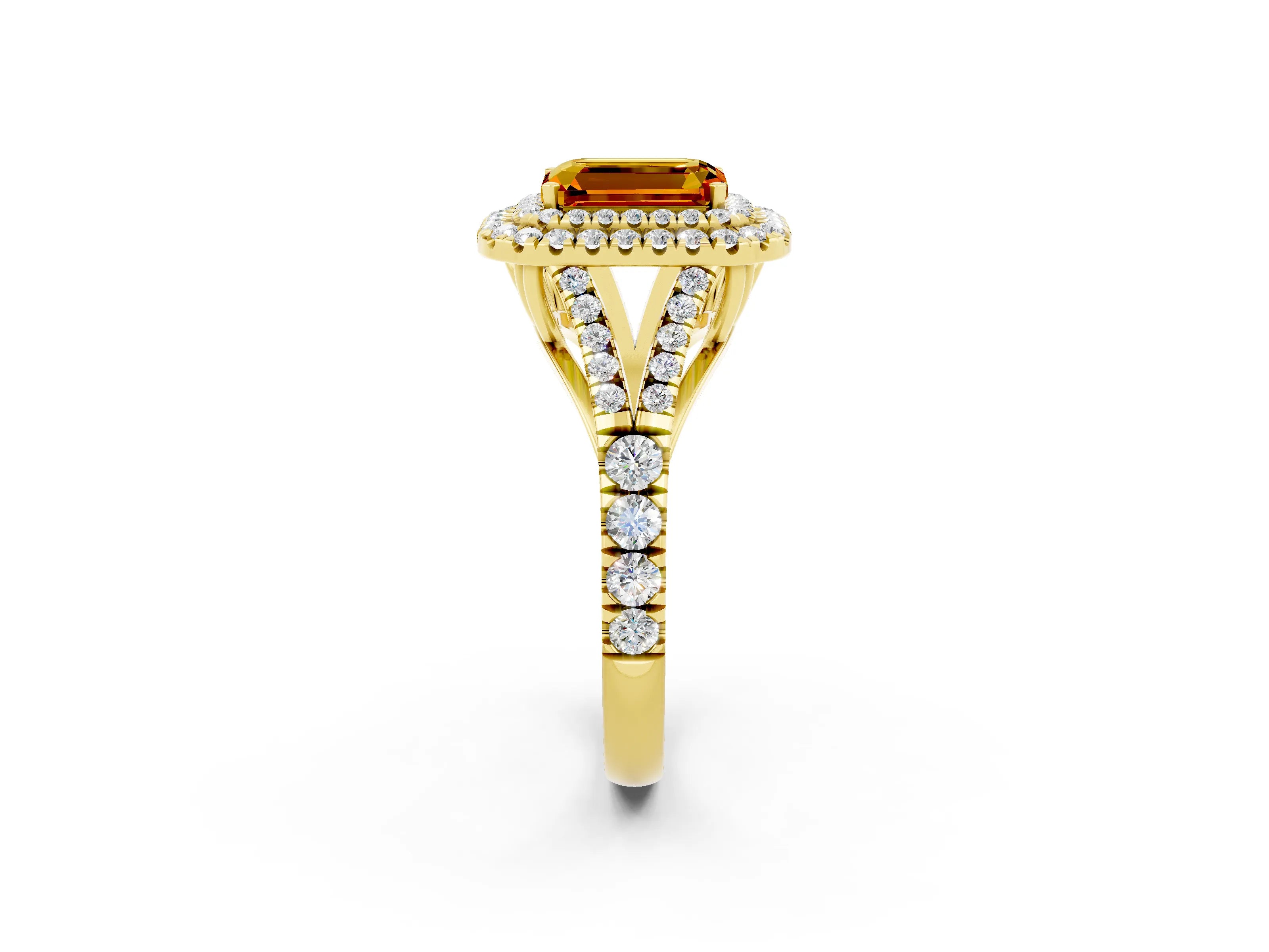 Yellow gold Emerald Cut Citrine Pavé Split Shank Double Halo Engagement Ring_2