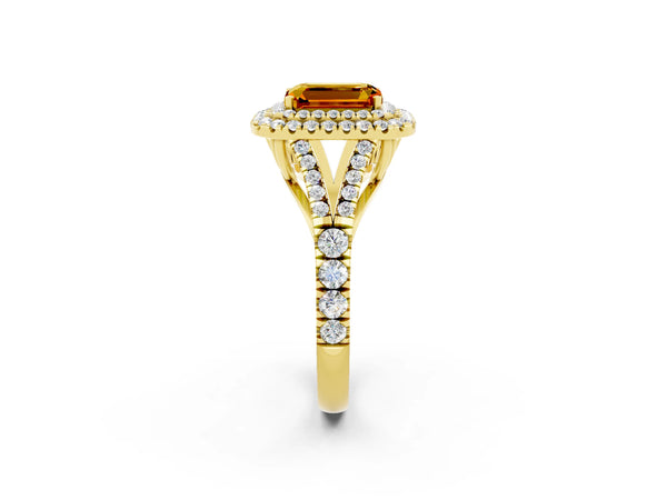 Yellow gold Emerald Cut Citrine Pavé Split Shank Double Halo Engagement Ring