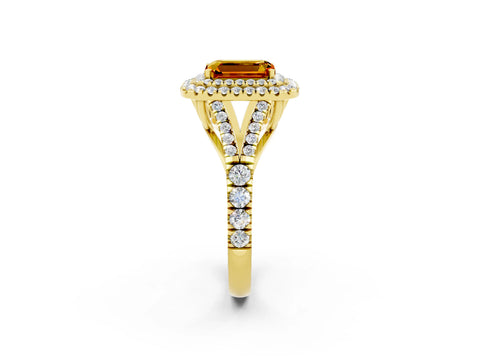 Yellow gold Emerald Cut Citrine Pavé Split Shank Double Halo Engagement Ring_2