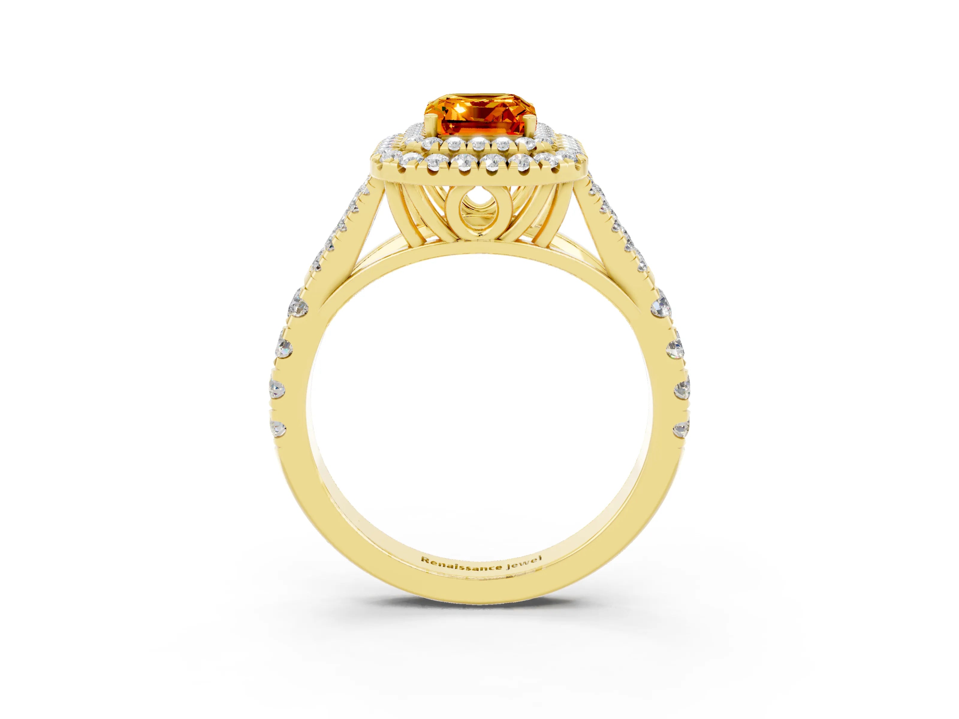 Yellow gold Emerald Cut Citrine Pavé Split Shank Double Halo Engagement Ring_3