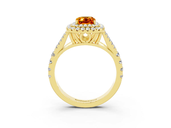 Yellow gold Emerald Cut Citrine Pavé Split Shank Double Halo Engagement Ring