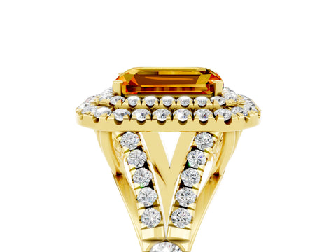 Yellow gold Emerald Cut Citrine Pavé Split Shank Double Halo Engagement Ring_5