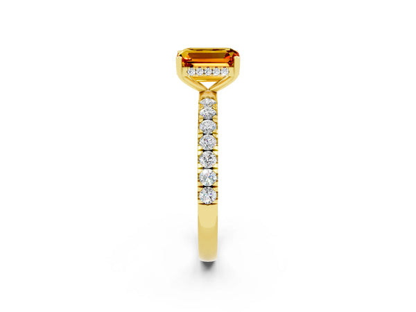 Yellow gold Emerald Cut Citrine Pave Band Solitaire Ring with Round  and Prong Setting