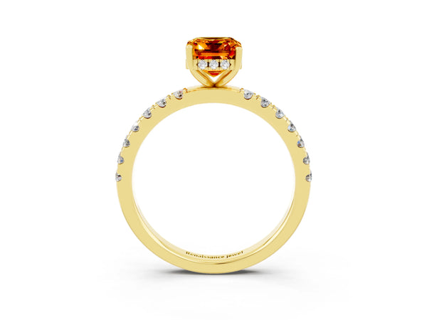 Yellow gold Emerald Cut Citrine Pave Band Solitaire Ring with Round  and Prong Setting