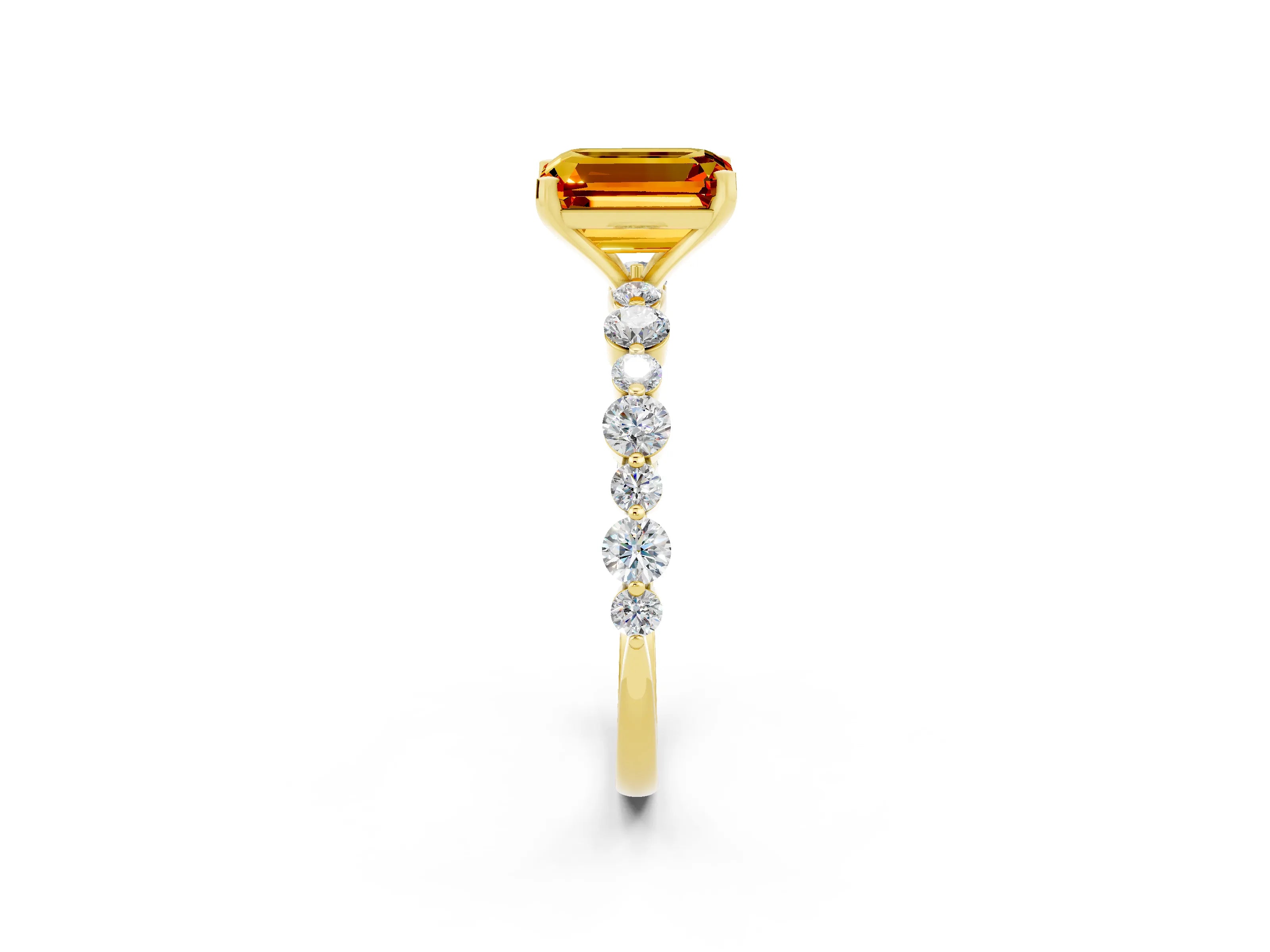 Yellow gold Emerald Cut Citrine Prong Set Engagement Ring with Pavé Band_14