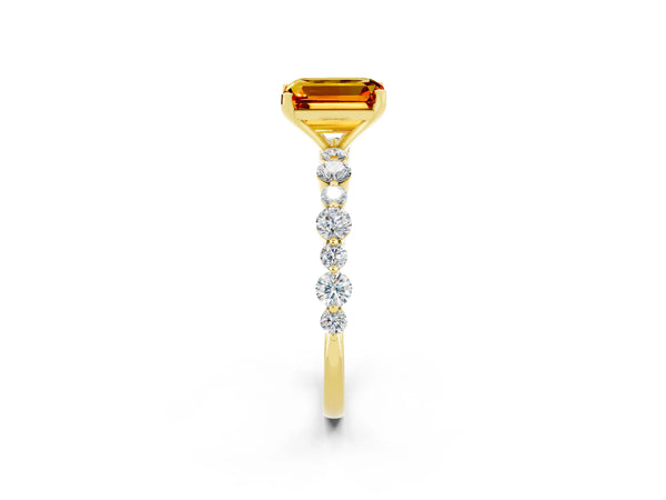 Yellow gold Emerald Cut Citrine Prong Set Engagement Ring with Pavé Band