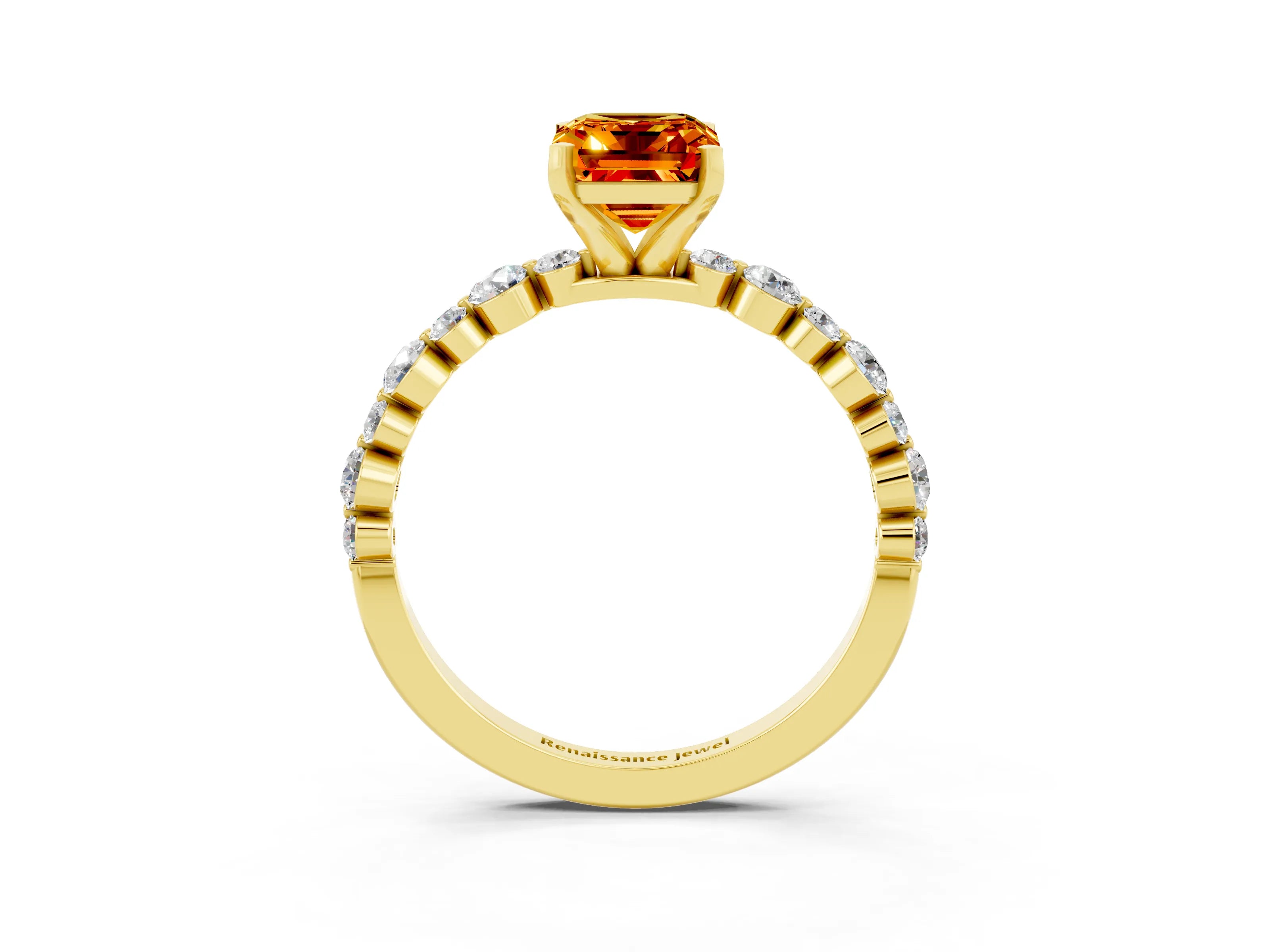 Yellow gold Emerald Cut Citrine Prong Set Engagement Ring with Pavé Band_15