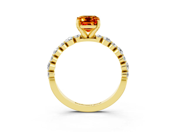 Yellow gold Emerald Cut Citrine Prong Set Engagement Ring with Pavé Band