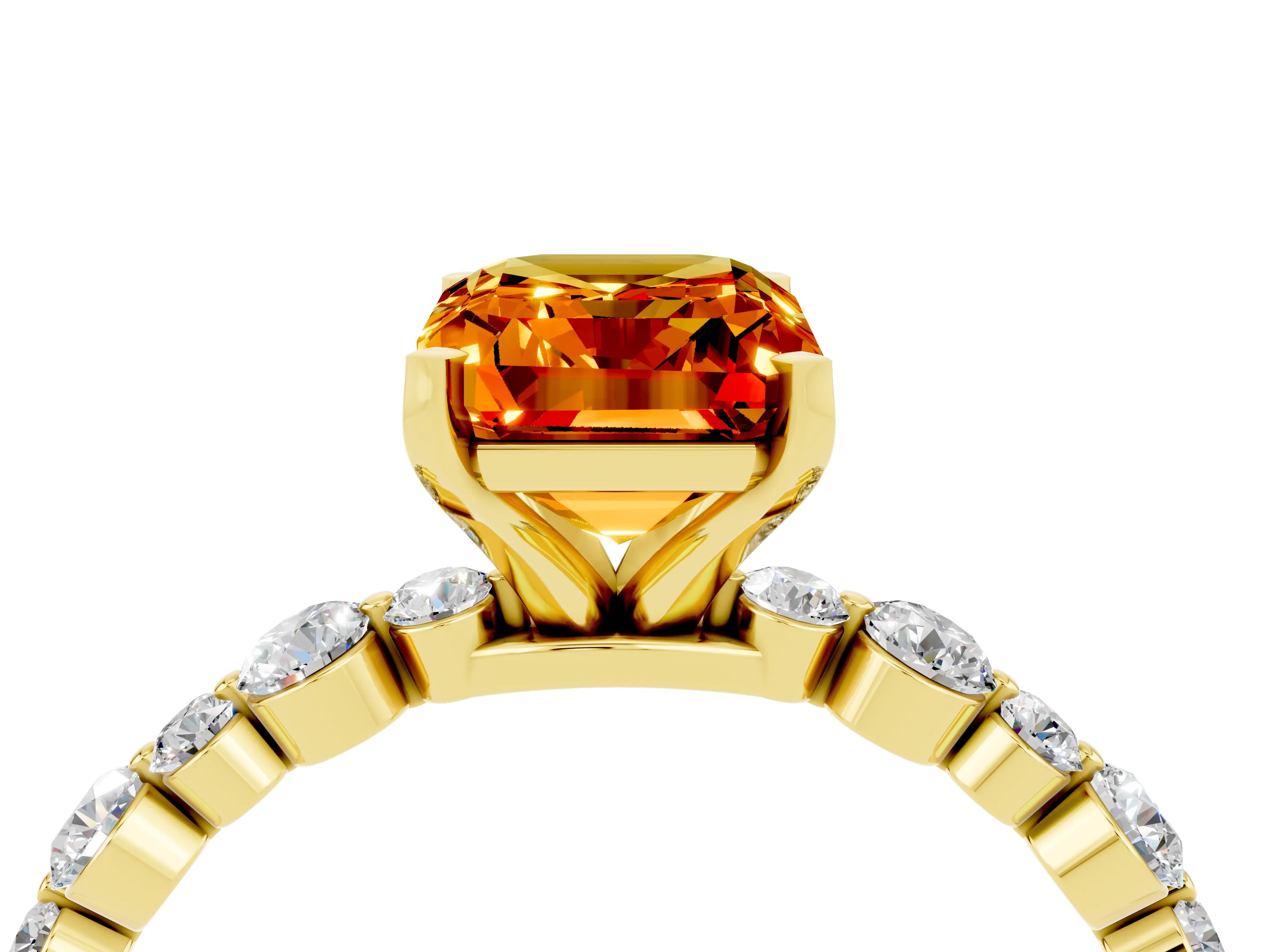 Yellow gold Emerald Cut Citrine Prong Set Engagement Ring with Pavé Band_16