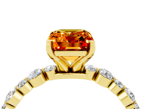 Yellow gold Emerald Cut Citrine Prong Set Engagement Ring with Pavé Band_16