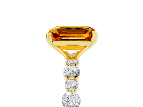 Yellow gold Emerald Cut Citrine Prong Set Engagement Ring with Pavé Band_17