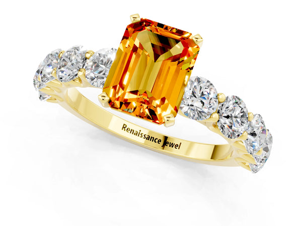Yellow gold Emerald Cut Citrine Prong Setting with Side Stones on a Pave Band