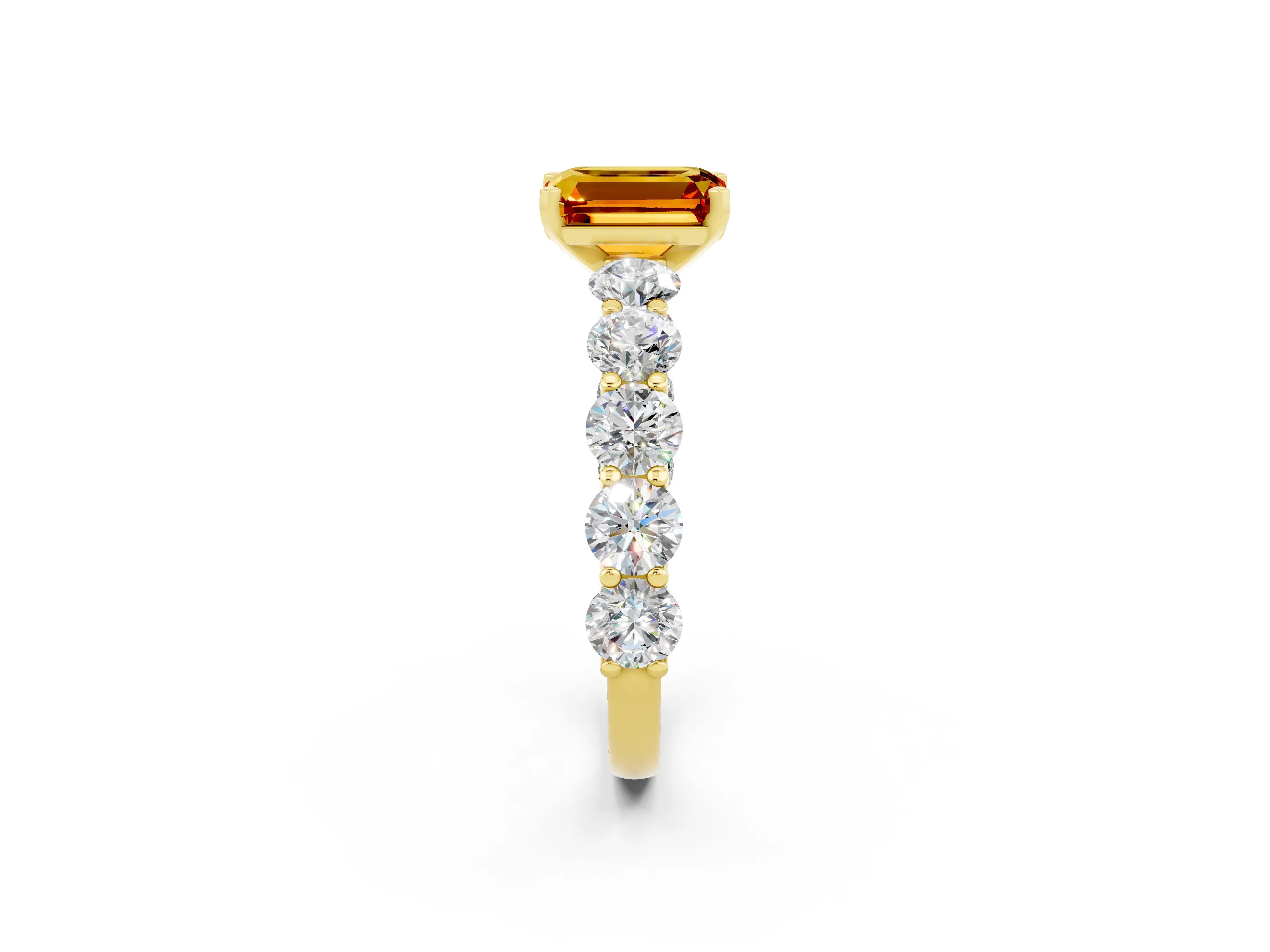 Yellow gold Emerald Cut Citrine Prong Setting with Side Stones on a Pave Band_2