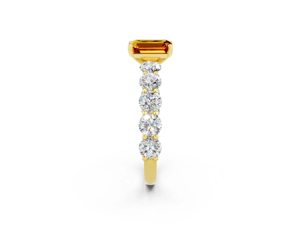 Yellow gold Emerald Cut Citrine Prong Setting with Side Stones on a Pave Band
