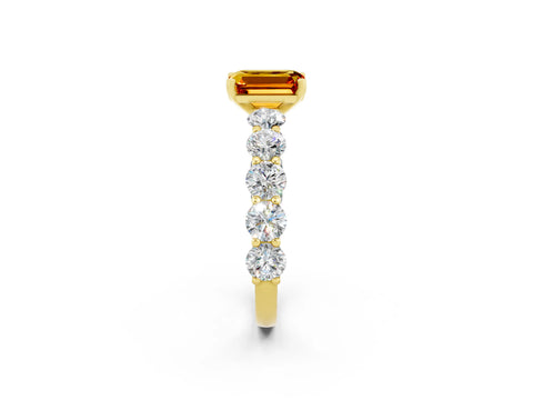 Yellow gold Emerald Cut Citrine Prong Setting with Side Stones on a Pave Band_2