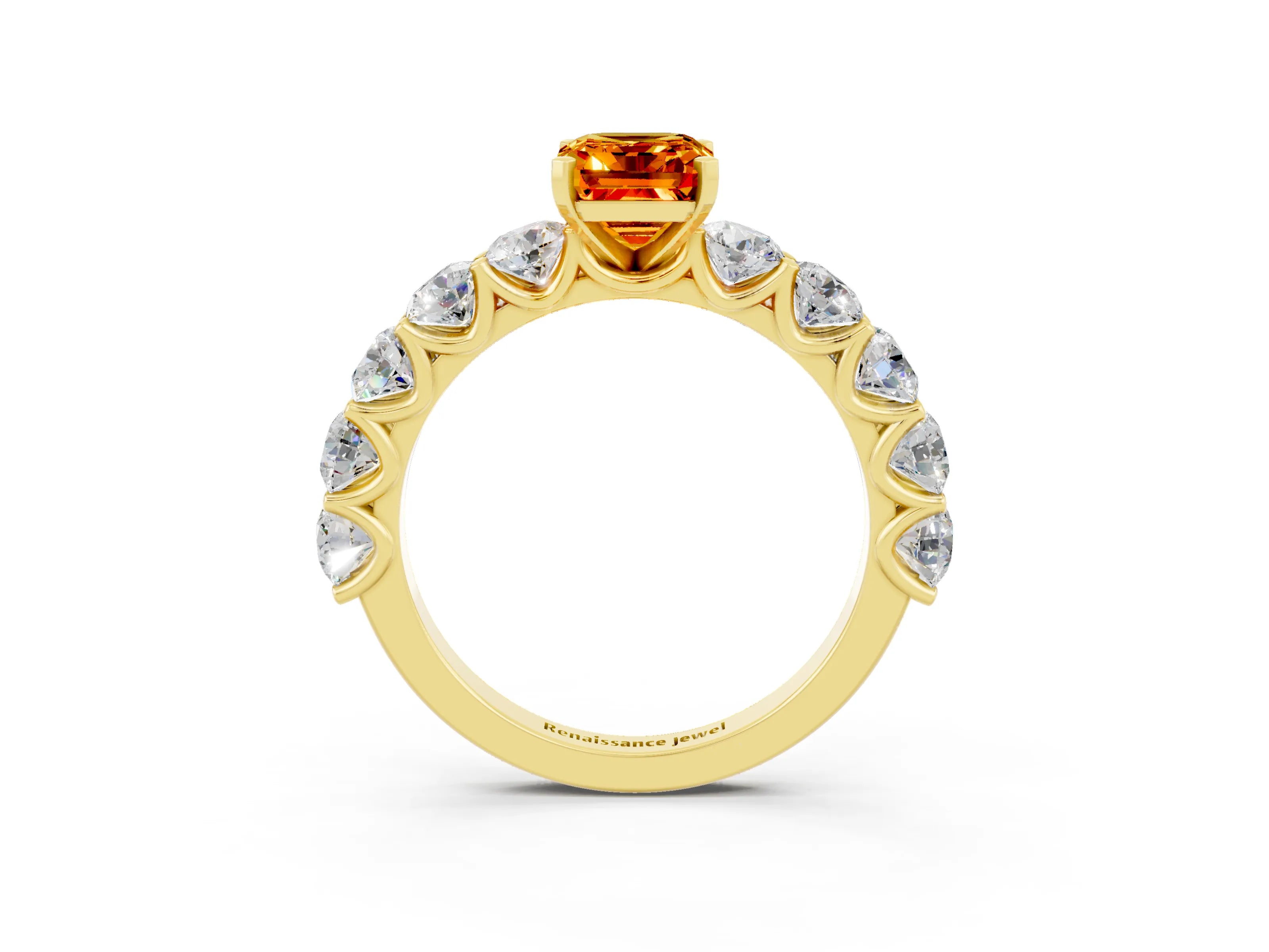Yellow gold Emerald Cut Citrine Prong Setting with Side Stones on a Pave Band_3