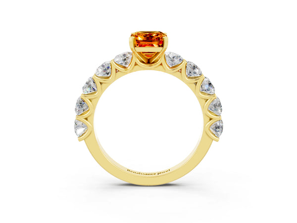 Yellow gold Emerald Cut Citrine Prong Setting with Side Stones on a Pave Band