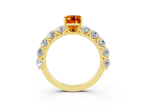 Yellow gold Emerald Cut Citrine Prong Setting with Side Stones on a Pave Band_3