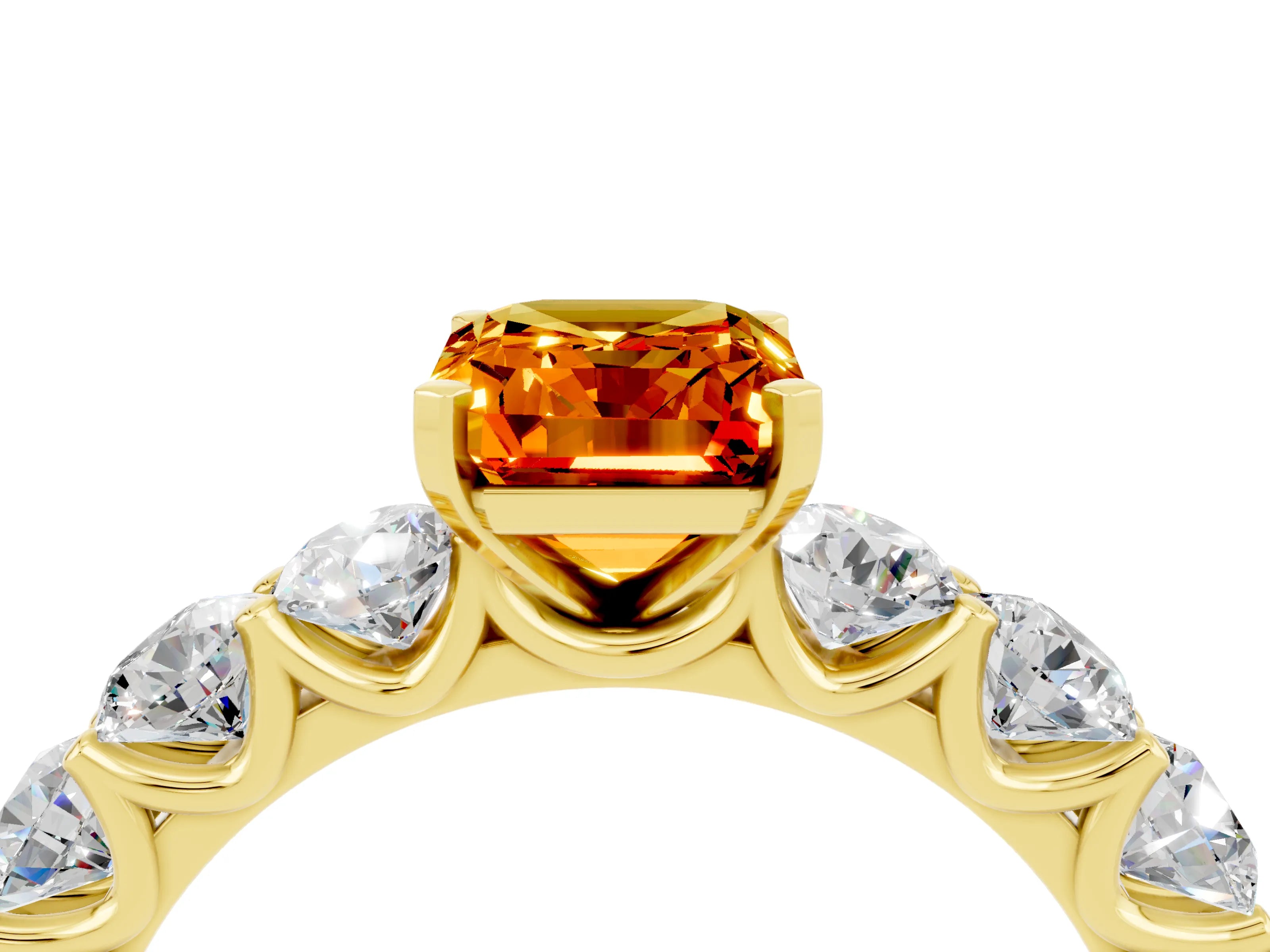 Yellow gold Emerald Cut Citrine Prong Setting with Side Stones on a Pave Band_4