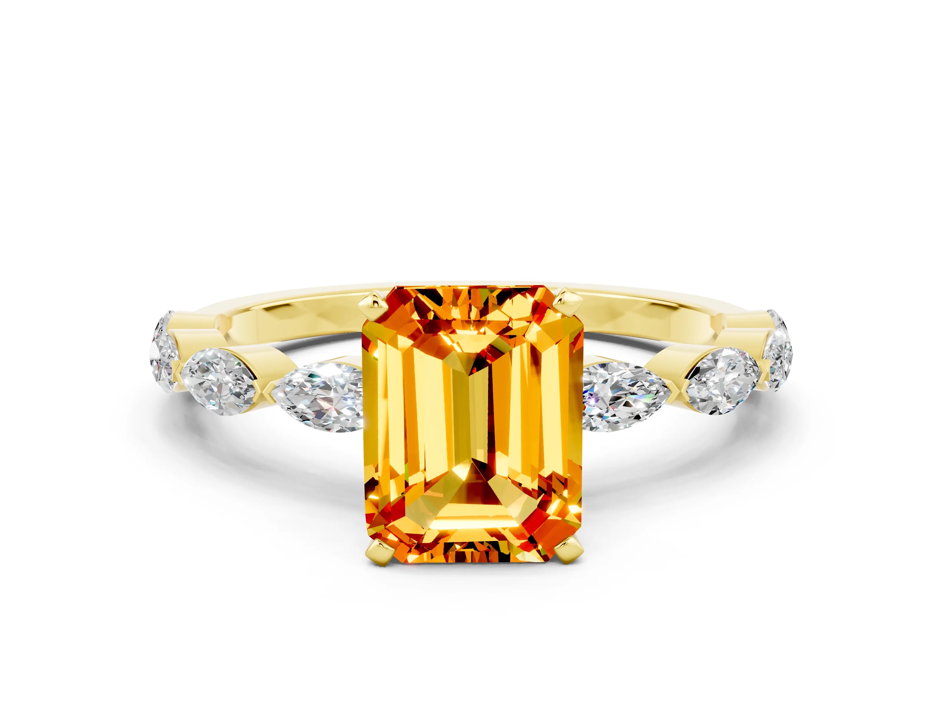 Yellow gold Emerald Cut Citrine Ring with Marquise Side Stones and Prong Setting