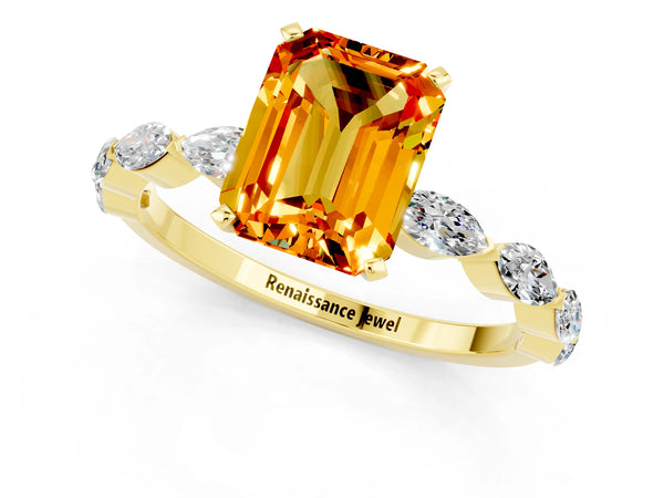 Yellow gold Emerald Cut Citrine Ring with Marquise Side Stones and Prong Setting