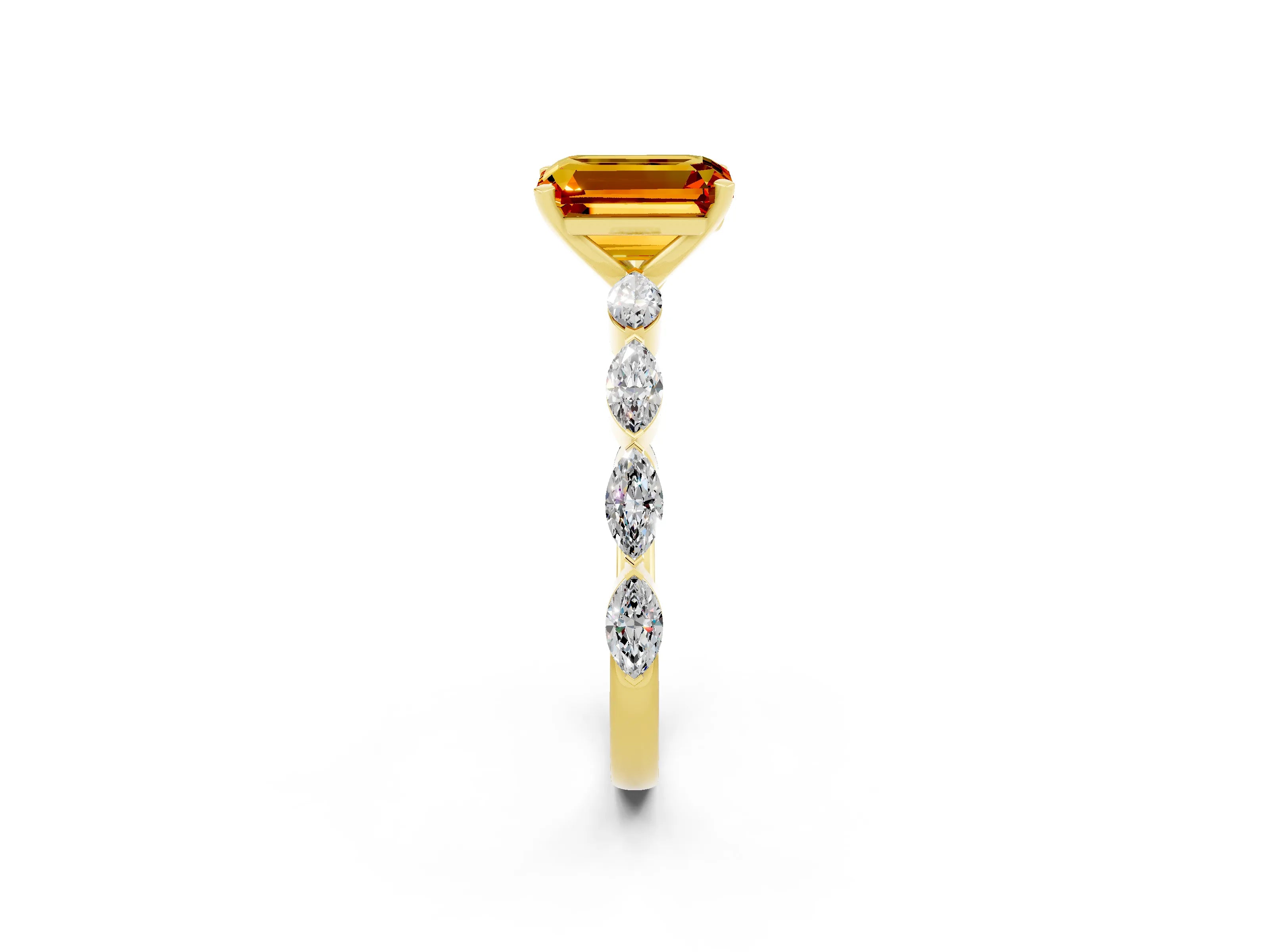 Yellow gold Emerald Cut Citrine Ring with Marquise Side Stones and Prong Setting_2
