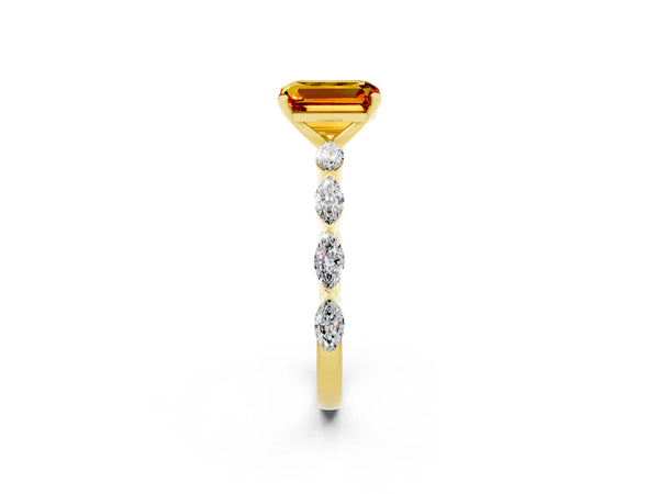 Yellow gold Emerald Cut Citrine Ring with Marquise Side Stones and Prong Setting