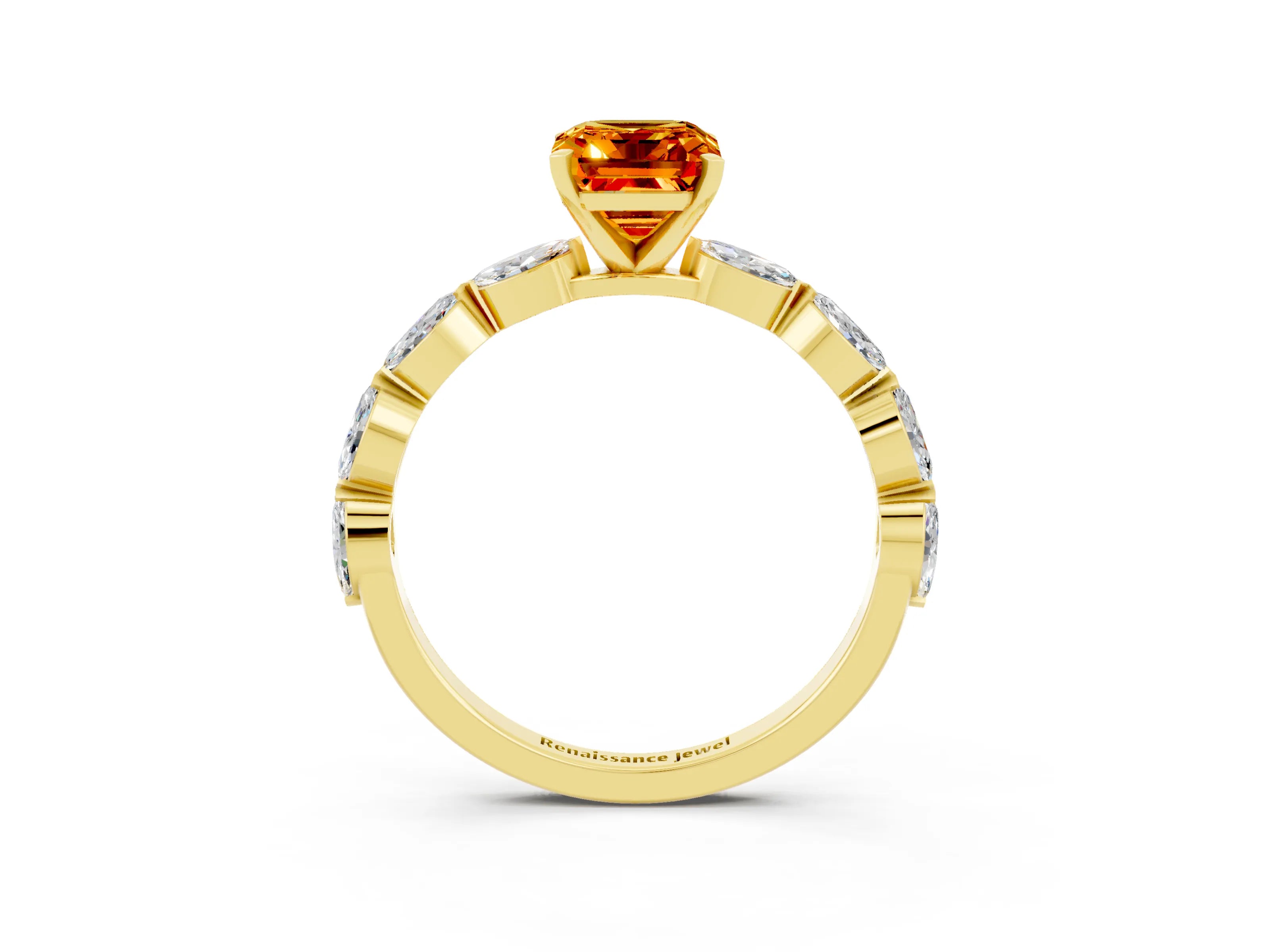 Yellow gold Emerald Cut Citrine Ring with Marquise Side Stones and Prong Setting_3