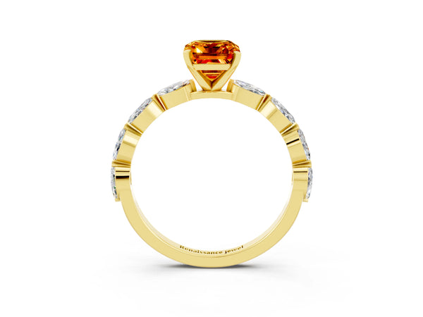 Yellow gold Emerald Cut Citrine Ring with Marquise Side Stones and Prong Setting