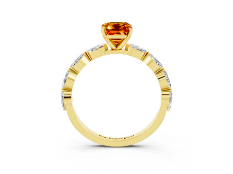 Yellow gold Emerald Cut Citrine Ring with Marquise Side Stones and Prong Setting_3